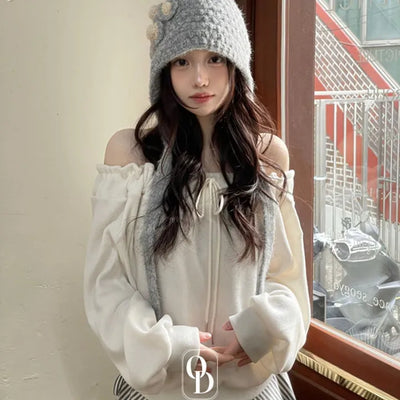 Aimai Fleece Shirring Boat Neck Off-Shoulder Man-to-Man Knit