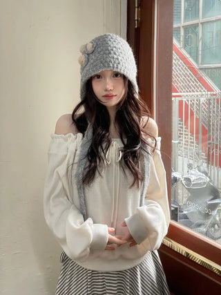 Aimai Fleece Shirring Boat Neck Off-Shoulder Man-to-Man Knit