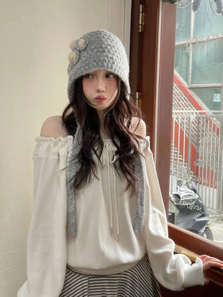 Aimai Fleece Shirring Boat Neck Off-Shoulder Man-to-Man Knit
