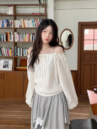 Aimai Fleece Shirring Boat Neck Off-Shoulder Man-to-Man Knit