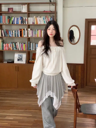 Aimai Fleece Shirring Boat Neck Off-Shoulder Man-to-Man Knit