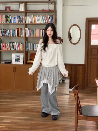 Aimai Fleece Shirring Boat Neck Off-Shoulder Man-to-Man Knit