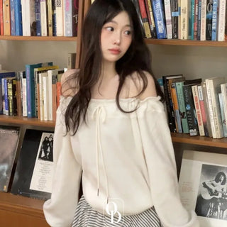 Aimai Fleece Shirring Boat Neck Off-Shoulder Man-to-Man Knit