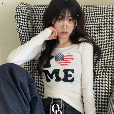 Momochi Slim Line Stars and Stripes Lettering Print Slim Line Long Sleeve Round Neck T-Shirt