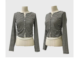 Bronie shirring color block stripe layered sleeveless long sleeve cardigan