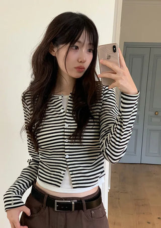 Bronie shirring color block stripe layered sleeveless long sleeve cardigan