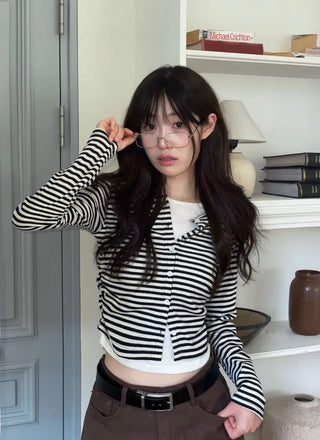 Bronie shirring color block stripe layered sleeveless long sleeve cardigan
