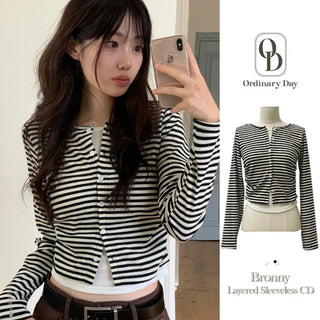 Bronie shirring color block stripe layered sleeveless long sleeve cardigan