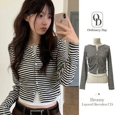 Bronie shirring color block stripe layered sleeveless long sleeve cardigan