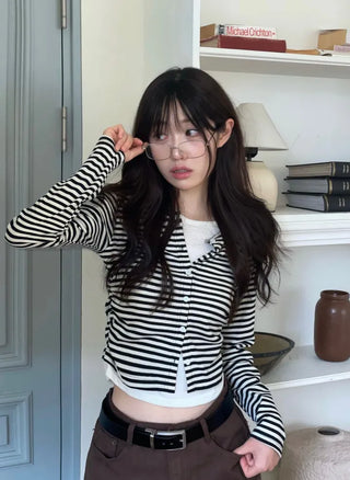 Bronie shirring color block stripe layered sleeveless long sleeve cardigan