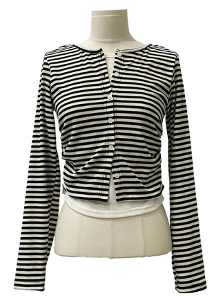Bronie shirring color block stripe layered sleeveless long sleeve cardigan