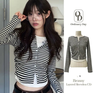 Bronie shirring color block stripe layered sleeveless long sleeve cardigan