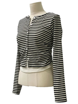 Bronie shirring color block stripe layered sleeveless long sleeve cardigan
