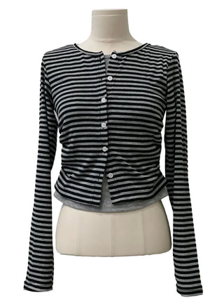 Bronie shirring color block stripe layered sleeveless long sleeve cardigan