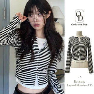 Bronie shirring color block stripe layered sleeveless long sleeve cardigan