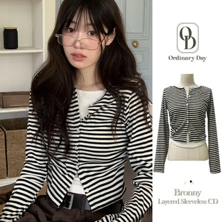 Bronie shirring color block stripe layered sleeveless long sleeve cardigan