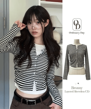 Bronie shirring color block stripe layered sleeveless long sleeve cardigan