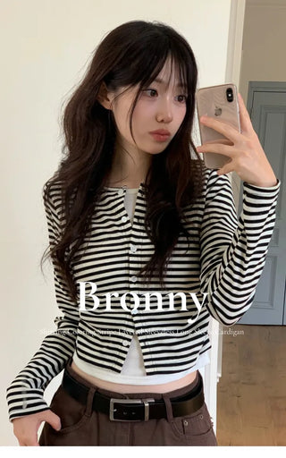Bronie shirring color block stripe layered sleeveless long sleeve cardigan