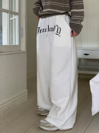 Momoi lettering printing waist banding cotton wide long pants