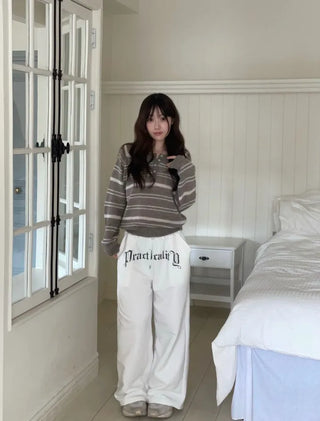 Momoi lettering printing waist banding cotton wide long pants