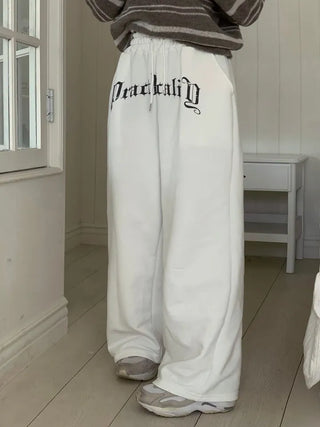 Momoi lettering printing waist banding cotton wide long pants