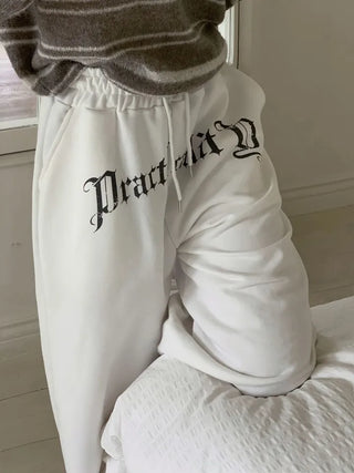 Momoi lettering printing waist banding cotton wide long pants