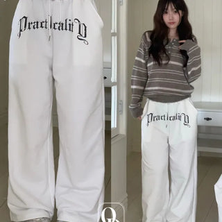Momoi lettering printing waist banding cotton wide long pants