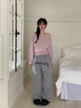 Momoi lettering printing waist banding cotton wide long pants