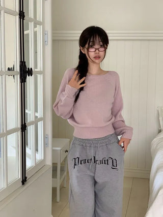 Momoi lettering printing waist banding cotton wide long pants