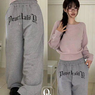 Momoi lettering printing waist banding cotton wide long pants