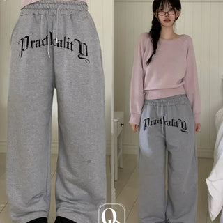 Momoi lettering printing waist banding cotton wide long pants