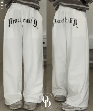 Momoi lettering printing waist banding cotton wide long pants