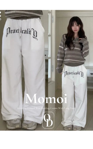 Momoi lettering printing waist banding cotton wide long pants