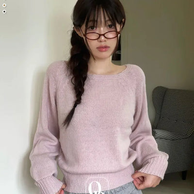 Peach Cream Slim Fit Boat Neck Long Sleeve Wool Knit