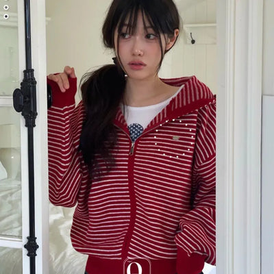 Grevy Color Block Stripe Loose Fit Knit Hooded Zip-Up Jumper