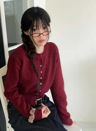 Diorli Slim Fit Button Round Neck Wool Knit Cardigan