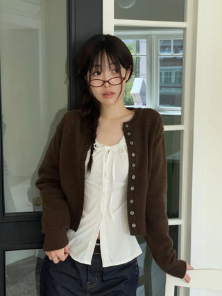 Diorli Slim Fit Button Round Neck Wool Knit Cardigan