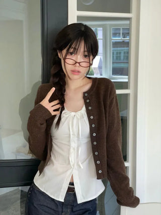 Diorli Slim Fit Button Round Neck Wool Knit Cardigan
