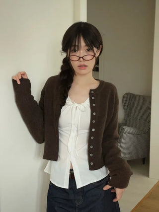 Diorli Slim Fit Button Round Neck Wool Knit Cardigan