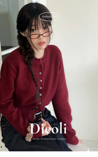 Diorli Slim Fit Button Round Neck Wool Knit Cardigan