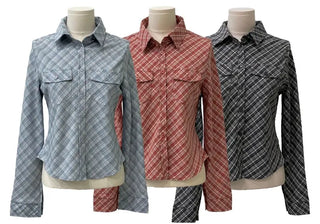 Suet check collar flap pocket rolled long sleeve shirt blouse