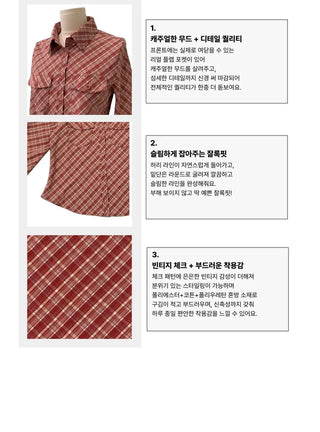 Suet check collar flap pocket rolled long sleeve shirt blouse