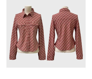 Suet check collar flap pocket rolled long sleeve shirt blouse