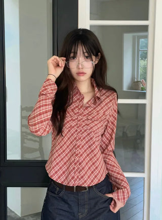 Suet check collar flap pocket rolled long sleeve shirt blouse