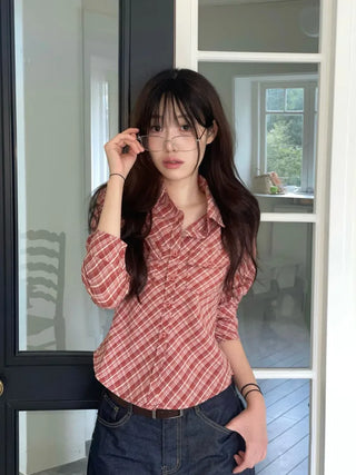 Suet check collar flap pocket rolled long sleeve shirt blouse