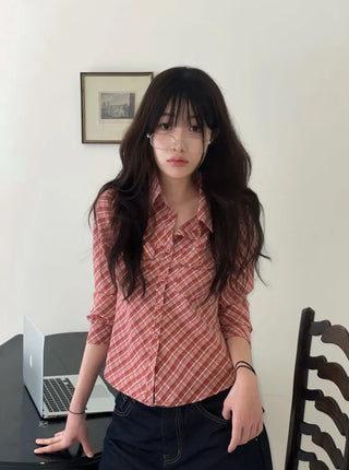 Suet check collar flap pocket rolled long sleeve shirt blouse