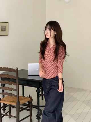 Suet check collar flap pocket rolled long sleeve shirt blouse