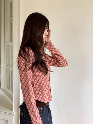 Suet check collar flap pocket rolled long sleeve shirt blouse
