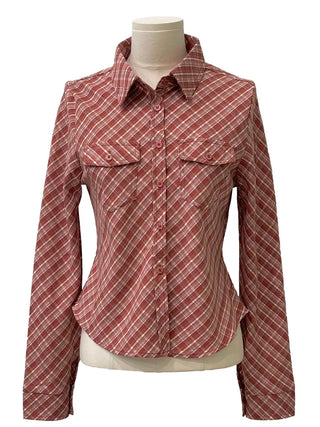 Suet check collar flap pocket rolled long sleeve shirt blouse