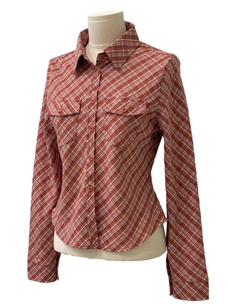 Suet check collar flap pocket rolled long sleeve shirt blouse